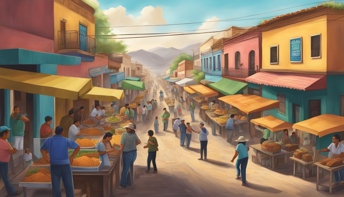 A bustling mining town in Mexico with taco vendors lining the streets, serving workers and locals, creating a vibrant economic hub