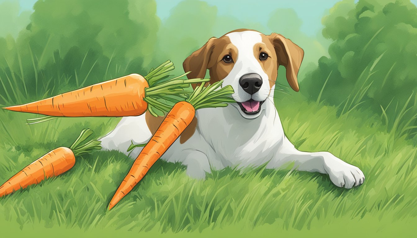 A dog happily munching on carrot sticks in a green, grassy yard