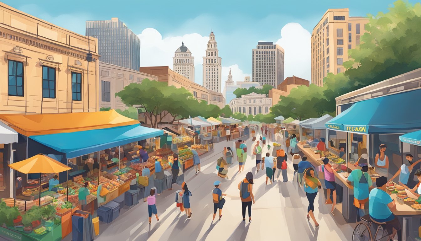 A bustling street lined with colorful food trucks, surrounded by iconic Texas landmarks like the Alamo and the San Antonio Riverwalk