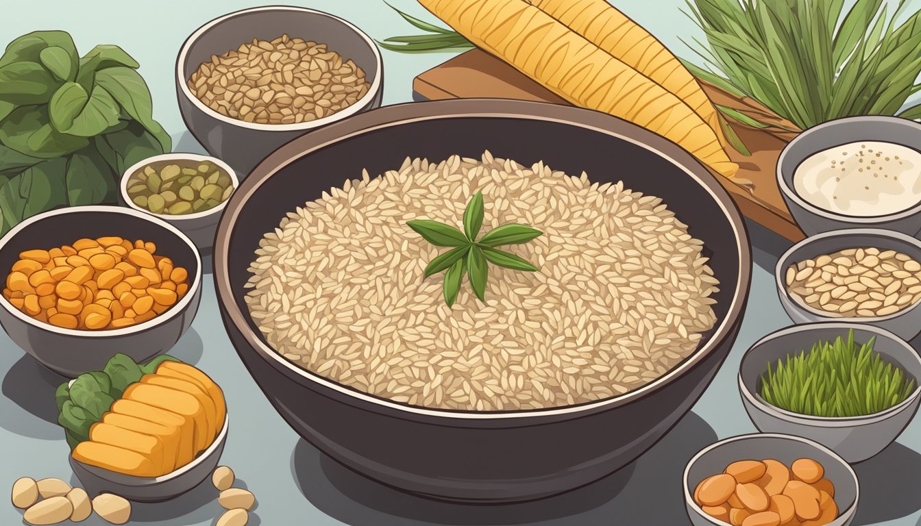 A bowl of cooked brown rice surrounded by various plant-based foods known to prevent and relieve hemorrhoids