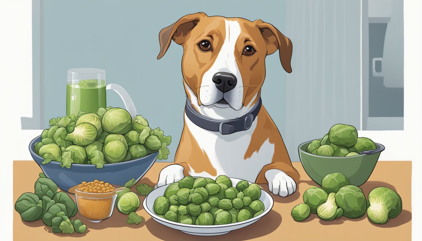 A dog eagerly eating a bowl of Brussels sprouts, surrounded by a variety of fiber-rich foods, with a relieved expression