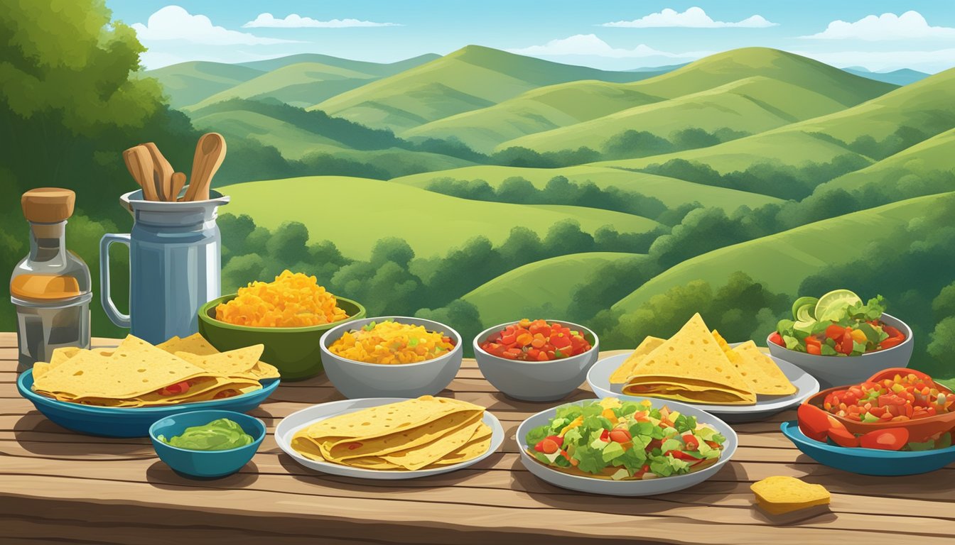 A rustic wooden picnic table set against a backdrop of rolling green hills and a clear blue sky, with a spread of colorful taco ingredients and handmade tortillas