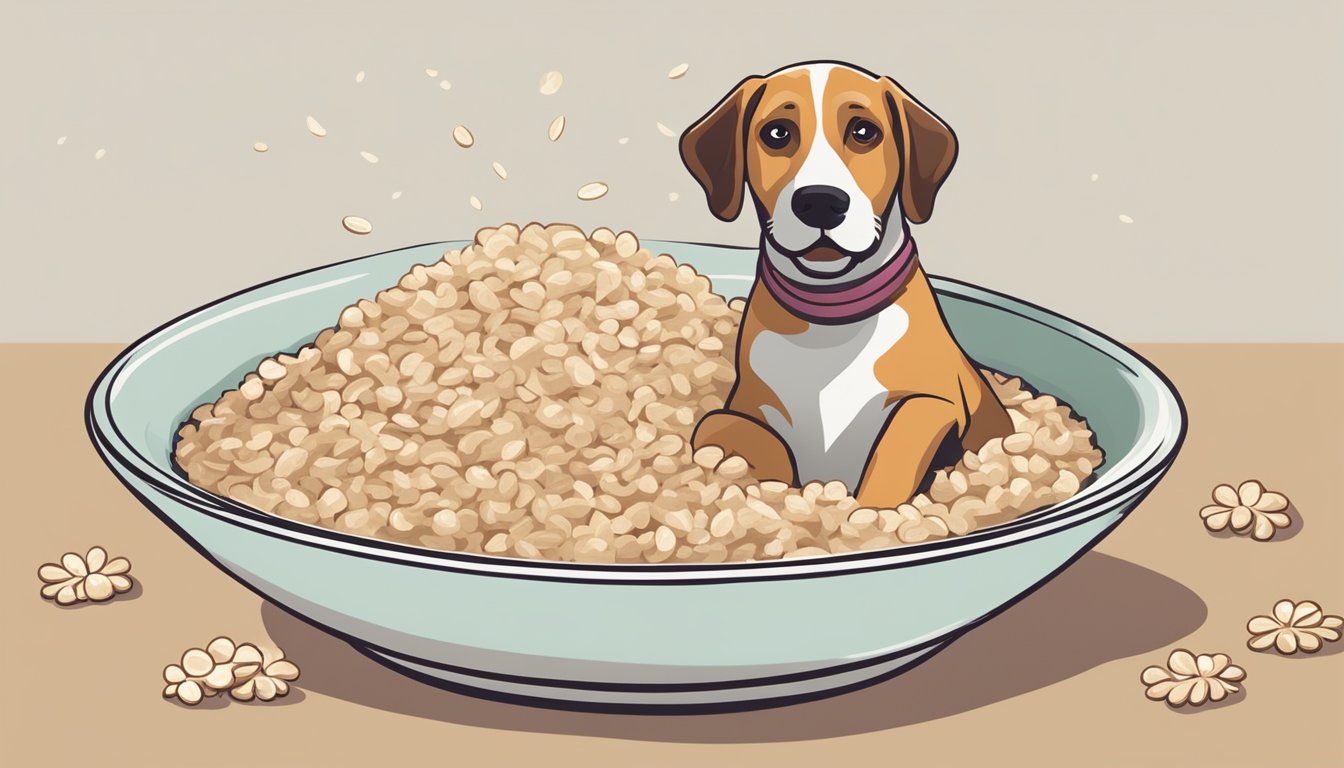 A bowl of cooked oatmeal topped with fiber-rich ingredients, with a dog eagerly approaching to relieve constipation naturally