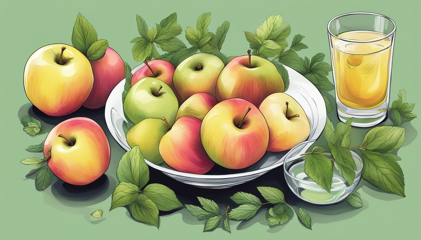 A bowl of assorted apples surrounded by soothing herbs and a glass of water