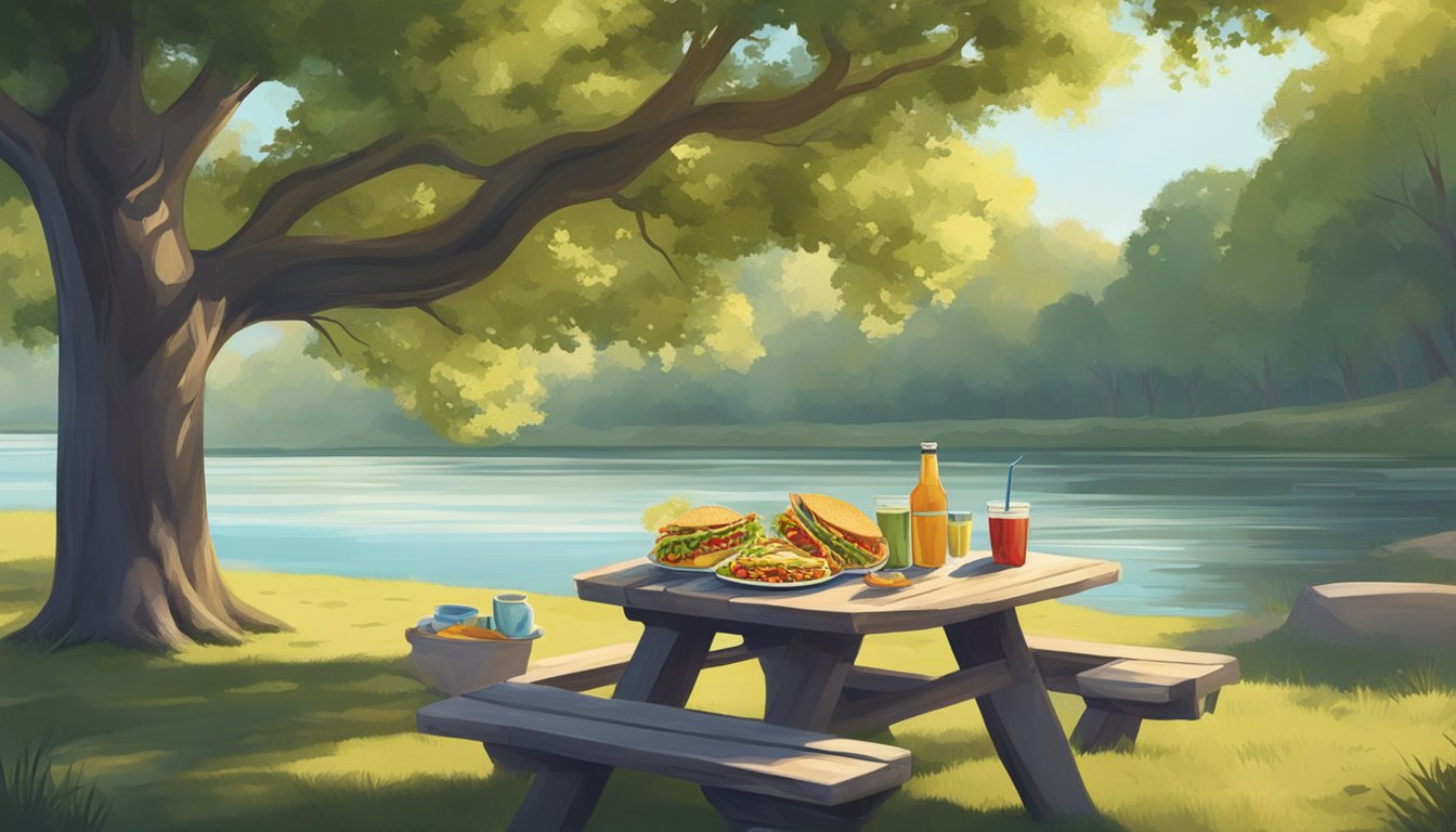 A picnic table under a sprawling oak tree, overlooking a tranquil river, with a plate of tacos and a cold drink