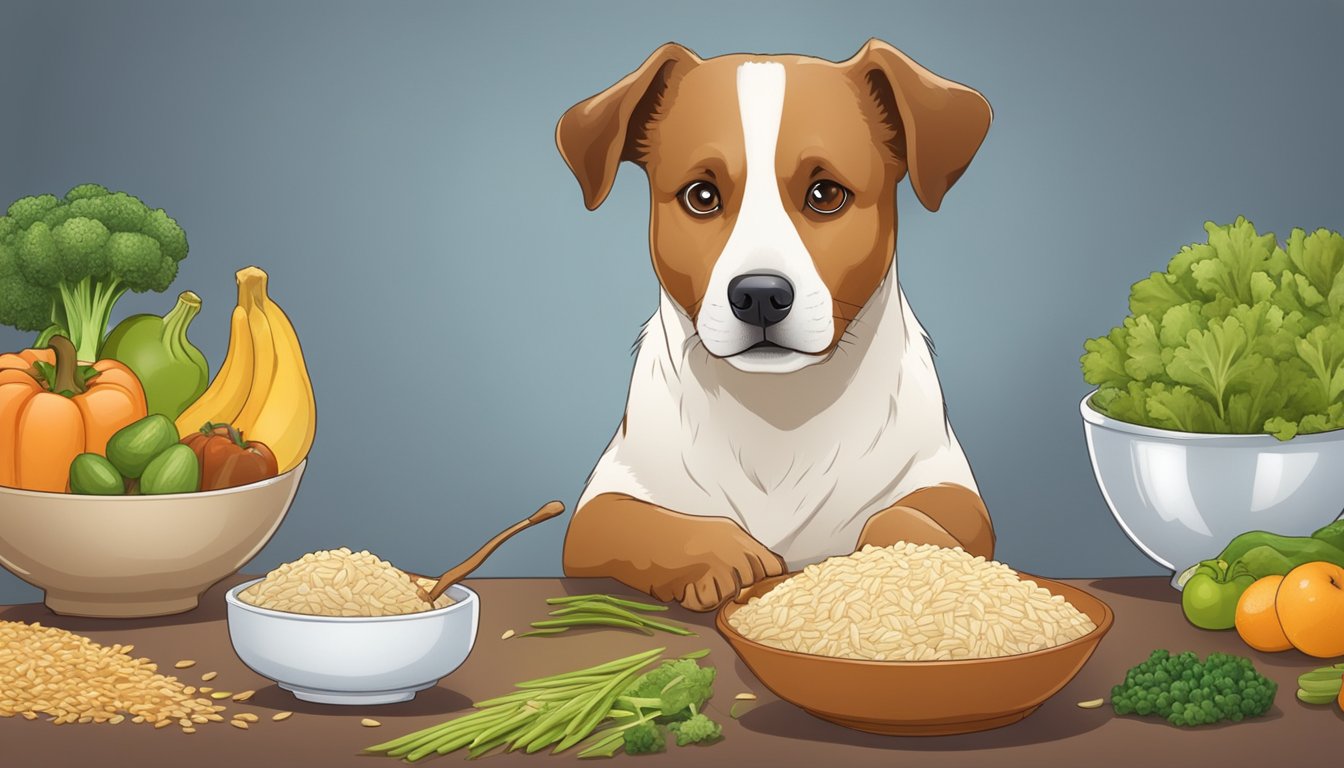 A dog eagerly eating a bowl of brown rice, surrounded by fiber-rich vegetables and fruits