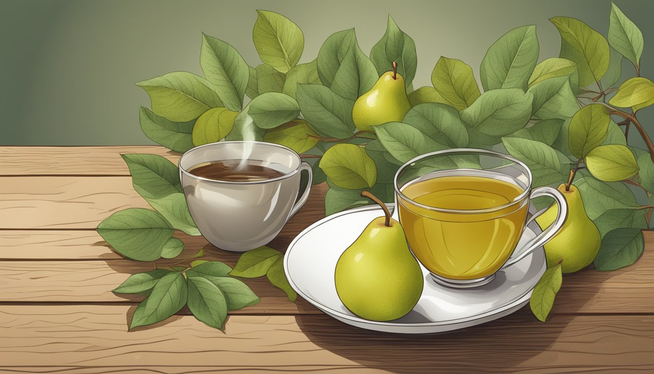 A bowl of ripe pears surrounded by scattered leaves and a soothing cup of herbal tea on a wooden table