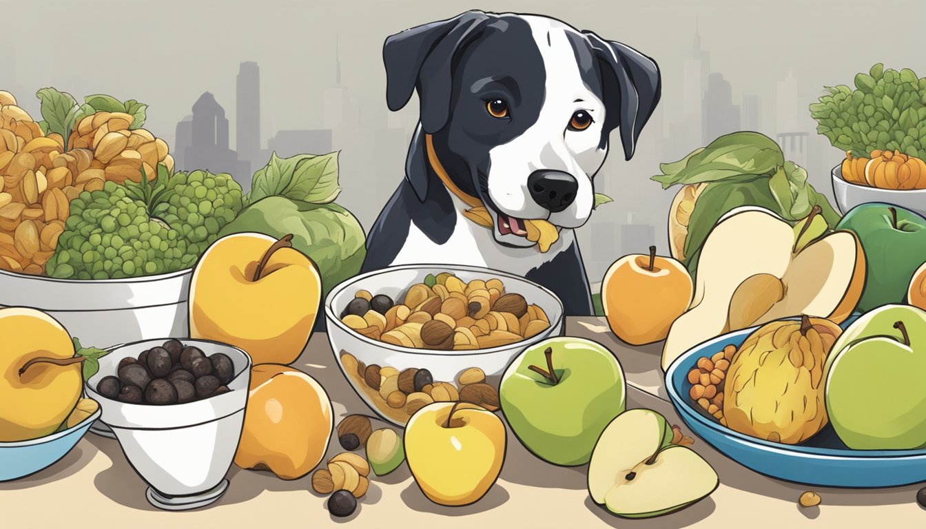 A dog happily eating a bowl of sliced apples surrounded by other fiber-rich foods