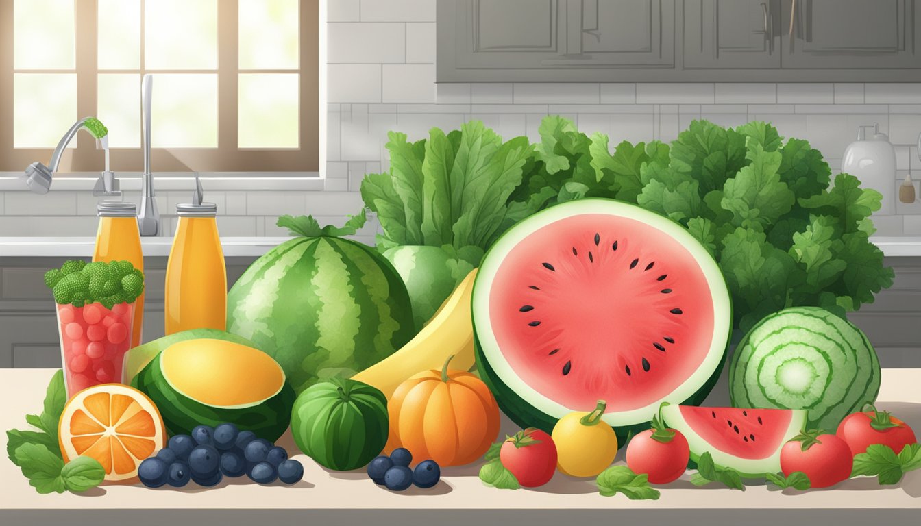 A variety of hydrating fruits and vegetables on a kitchen counter, including watermelon, cucumber, and leafy greens