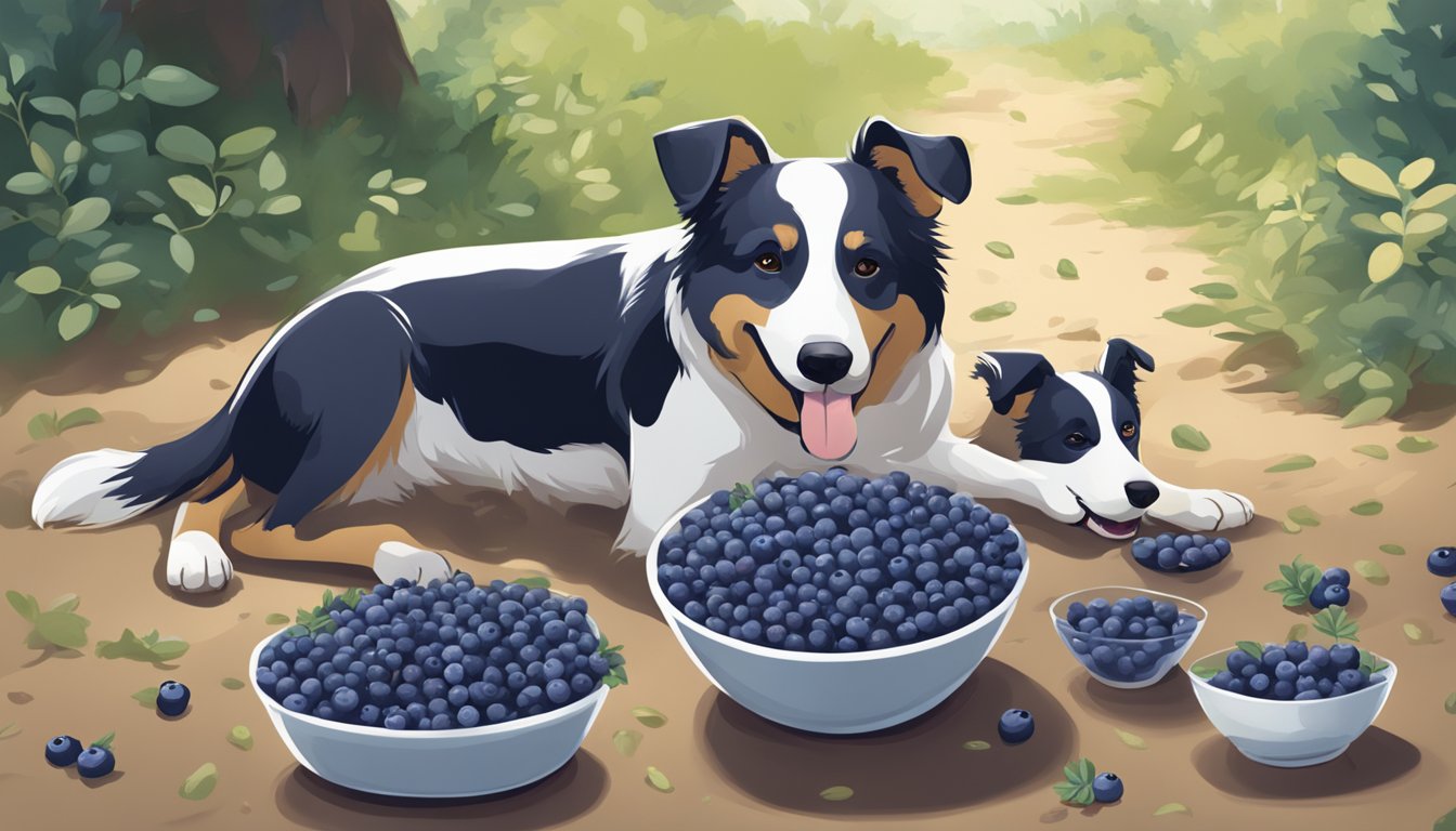 A dog happily eating blueberries from a bowl, surrounded by a few loose berries on the ground