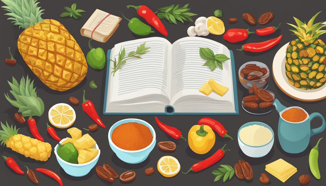 A table with various foods arranged, including spicy peppers, pineapple, and dates, surrounded by medical textbooks and research articles