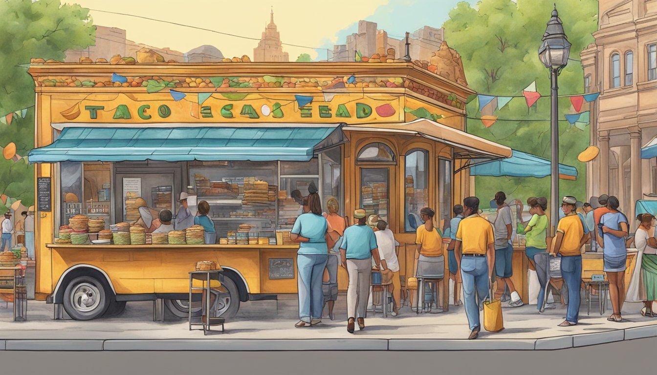 A bustling street scene with colorful taco stands and eager customers in front of historic landmarks in Texas