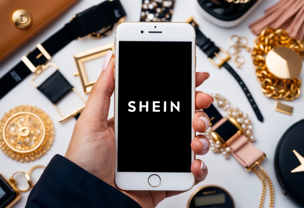 Um smartphone com o logotipo da Shein na tela, cercado por vários itens de moda e acessórios