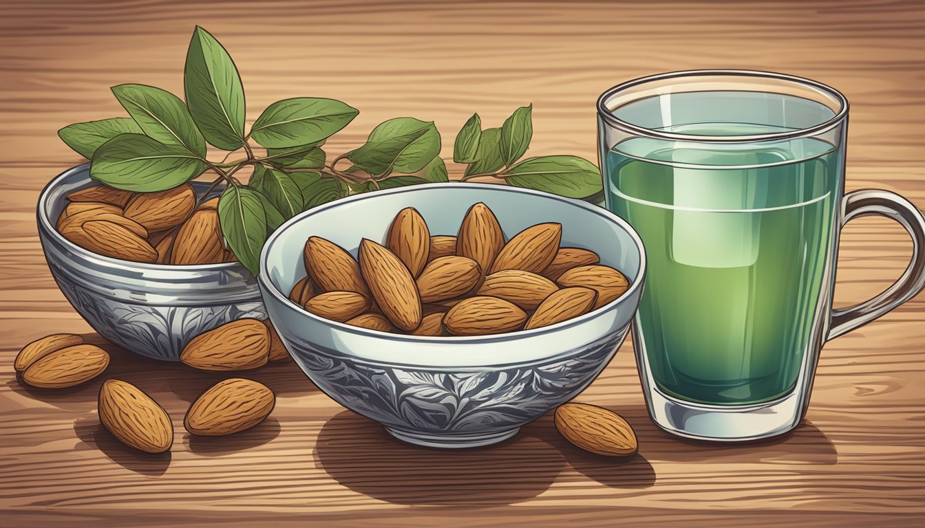 A bowl of almonds surrounded by soothing herbal tea and a glass of water on a wooden table