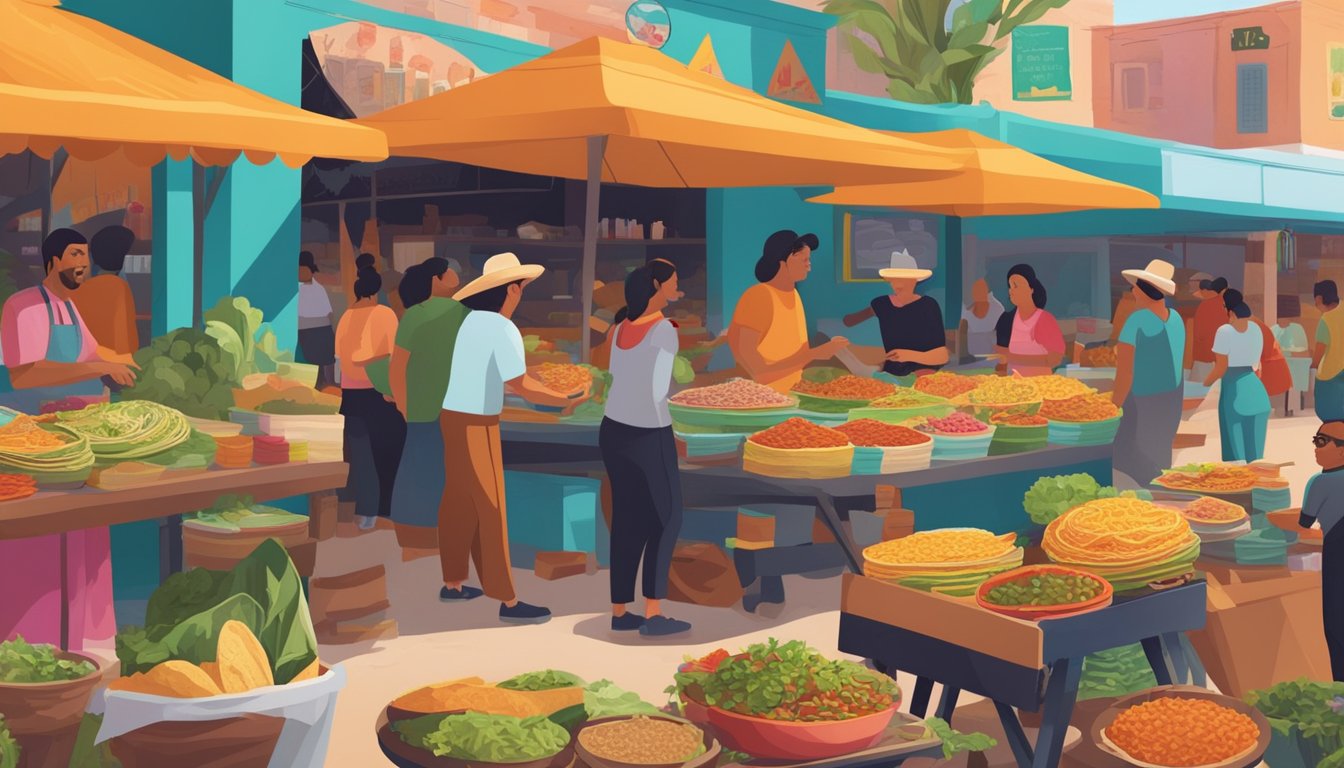 A bustling Mexican market with vendors selling traditional tacos alongside a new wave of plant-based taco options. The scene is filled with vibrant colors, aromas, and lively conversations