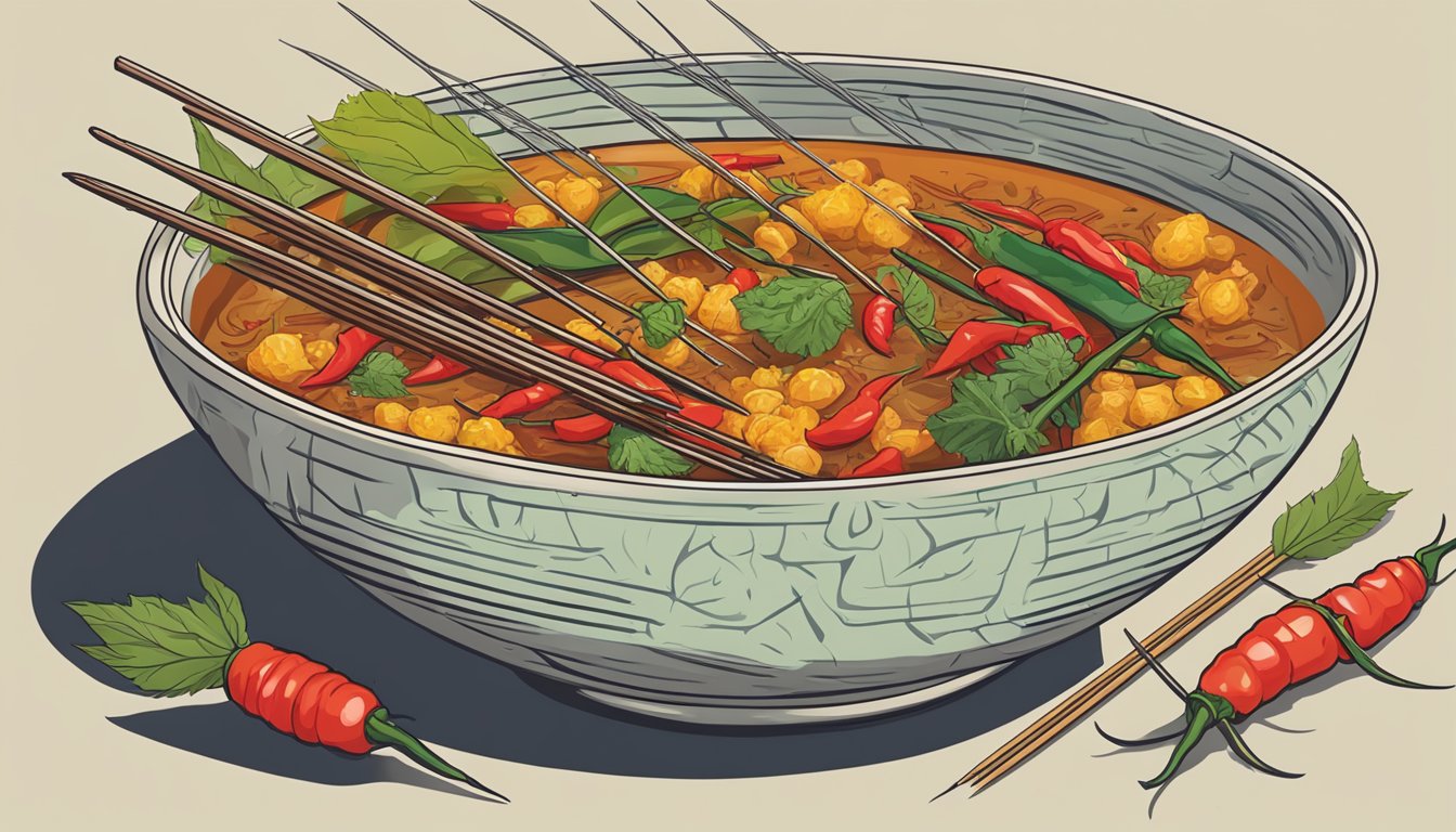 A bowl of spicy food surrounded by acupuncture needles