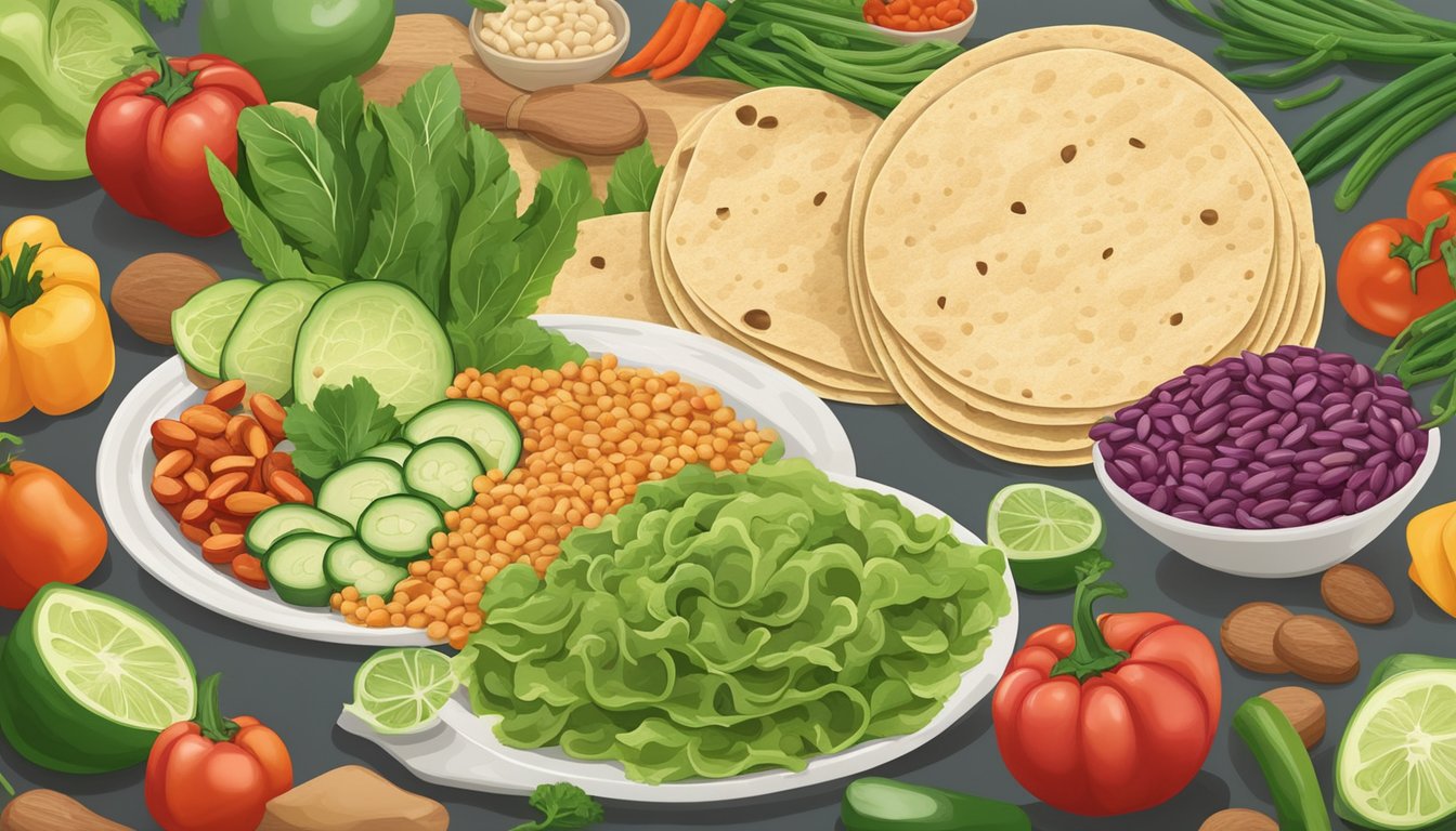 A colorful spread of fresh vegetables, beans, and plant-based proteins arranged around a stack of soft tortillas