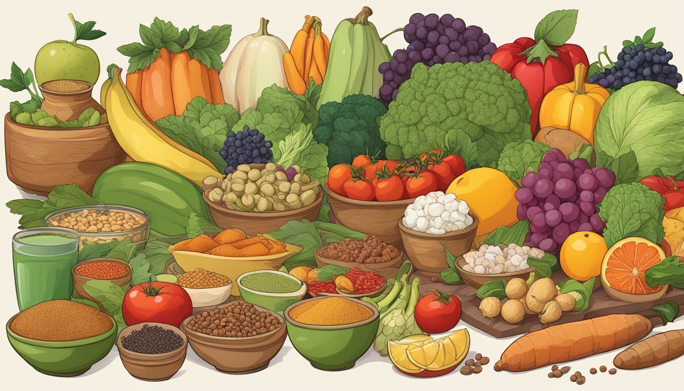 A table filled with various foods, some commonly believed to induce labor, with a mix of fruits, vegetables, and spices