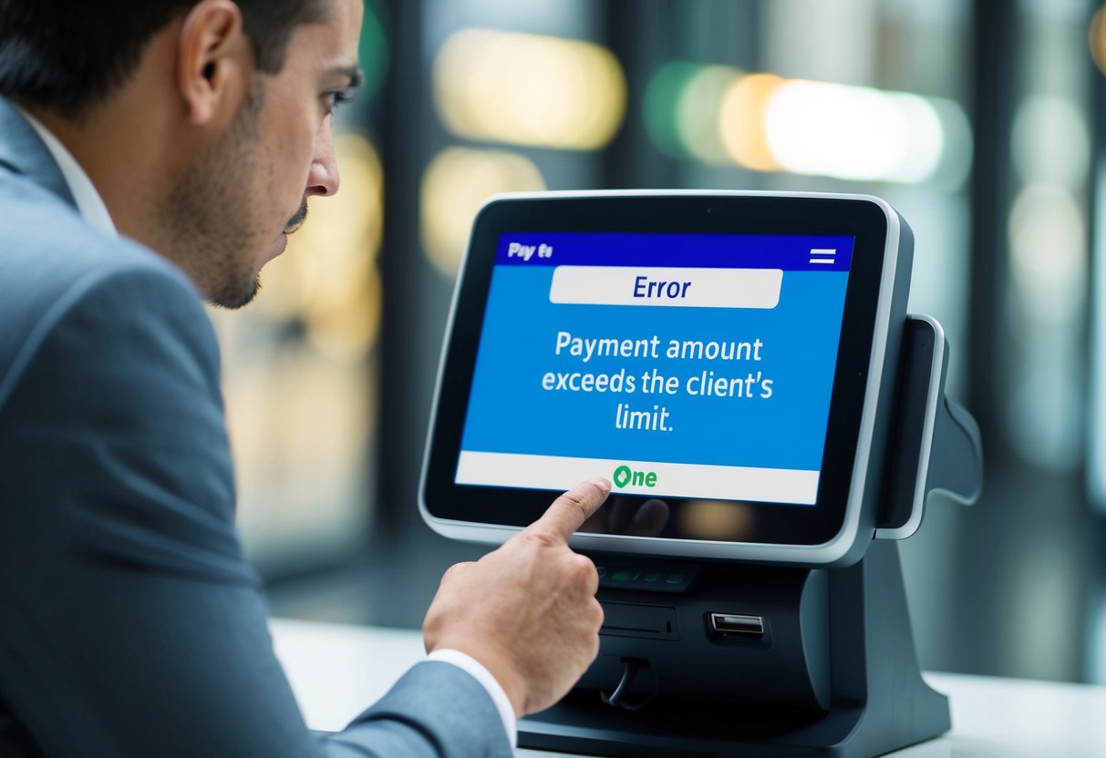 Um cliente olhando para um terminal de pagamento com uma expressão confusa enquanto a tela exibe uma mensagem de erro indicando que o valor do pagamento excede o limite do cliente.