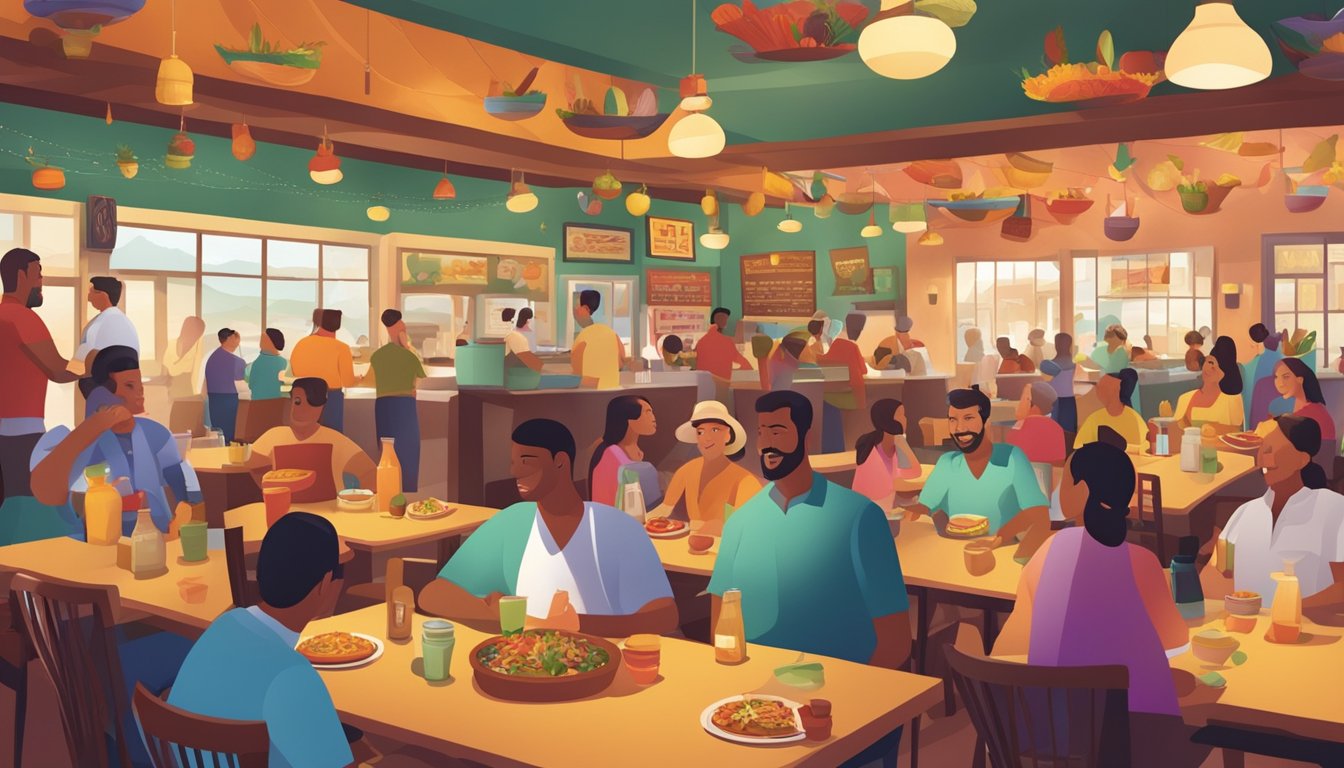 A bustling tex mex restaurant with colorful decor and a variety of taco dishes being served to a diverse group of customers