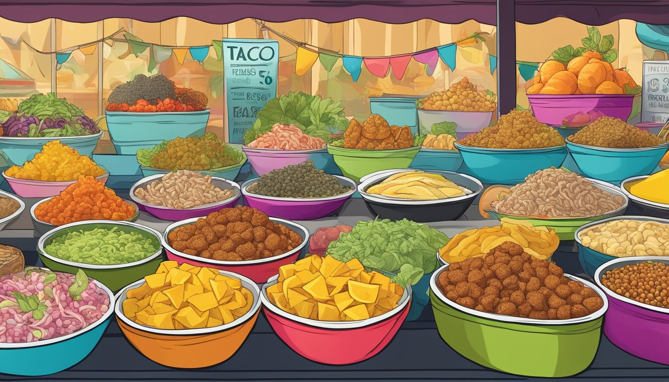 A colorful array of unique taco fillings, from exotic fruits to unexpected seafood, displayed on a vibrant market stall