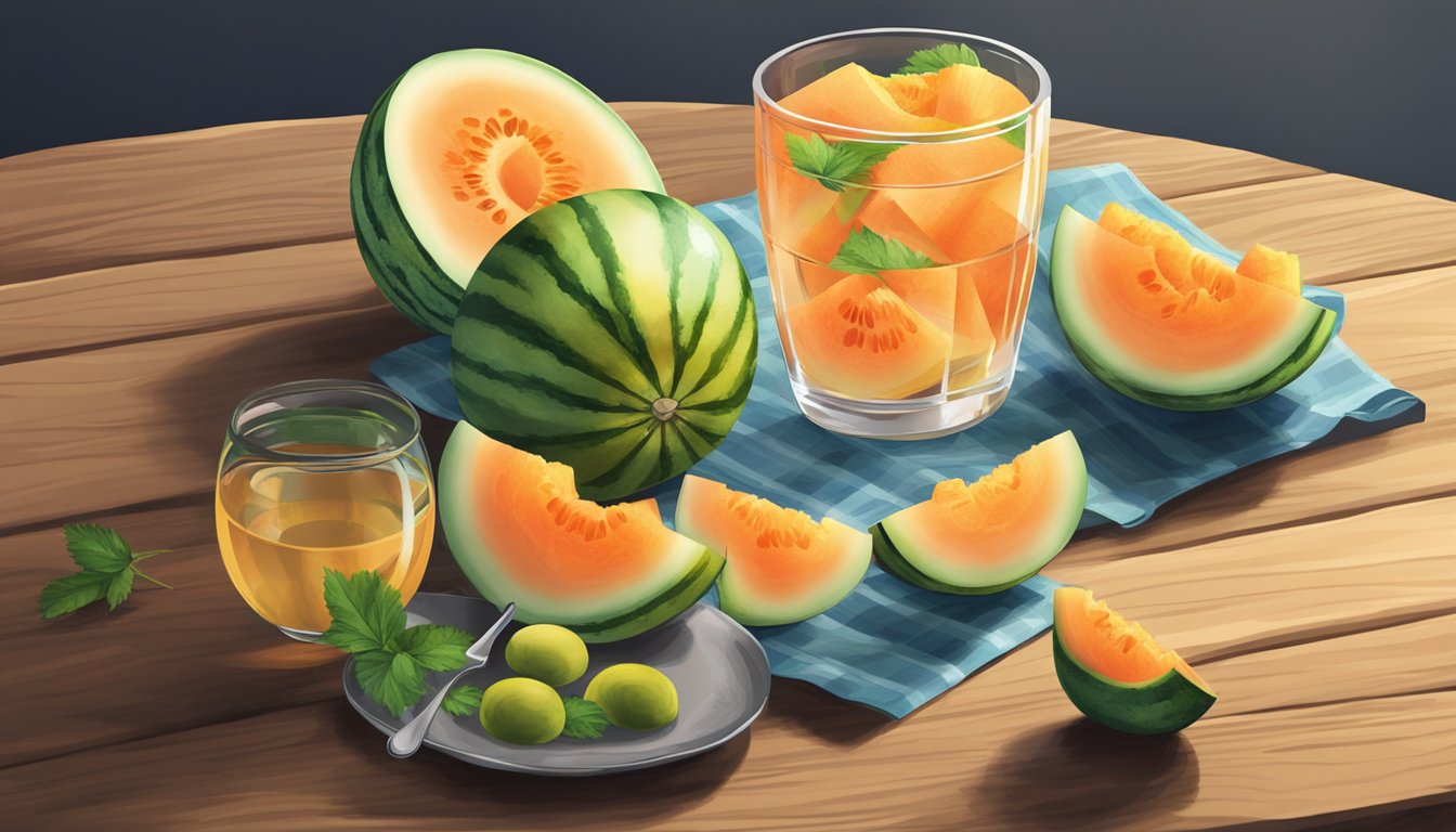 A colorful array of sliced melons and a glass of water on a wooden table