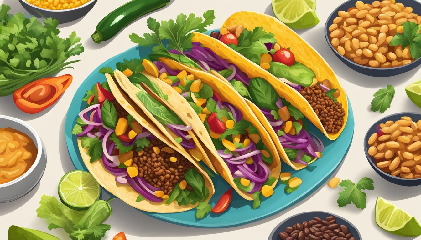 A colorful spread of fresh vegetables, beans, and plant-based proteins arranged around a platter of vibrant vegan tacos