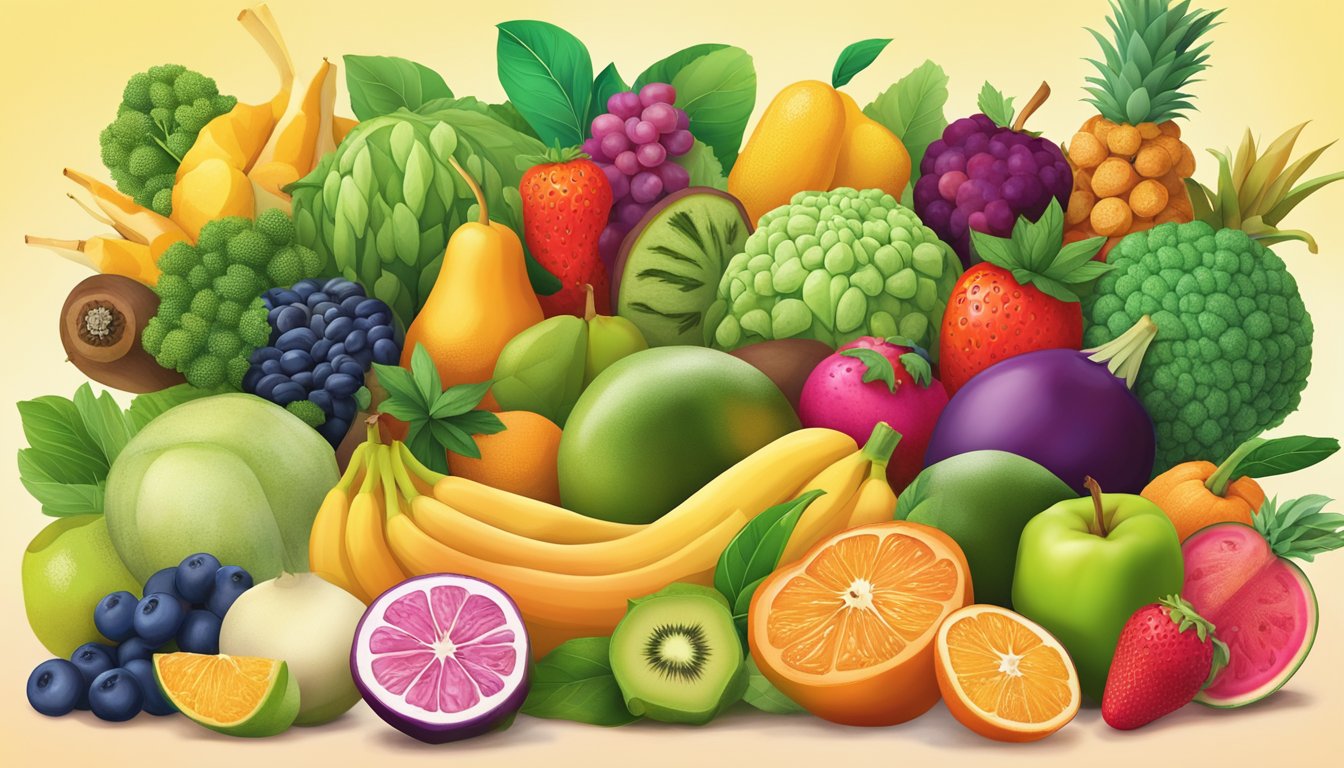 A colorful array of exotic fruits, vegetables, and plant-based proteins arranged on a vibrant background, evoking a sense of creativity and innovation