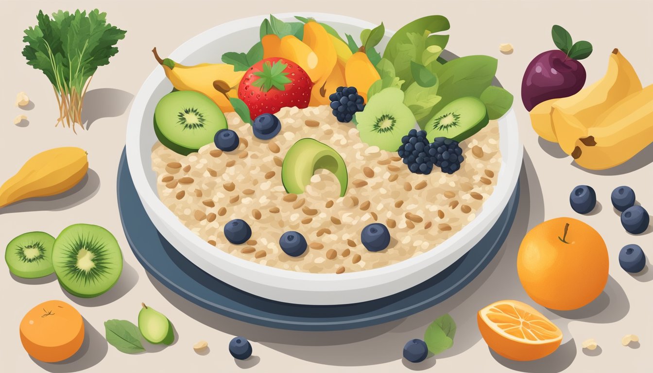 A bowl of oatmeal surrounded by gallbladder-friendly foods like fruits, vegetables, and lean proteins