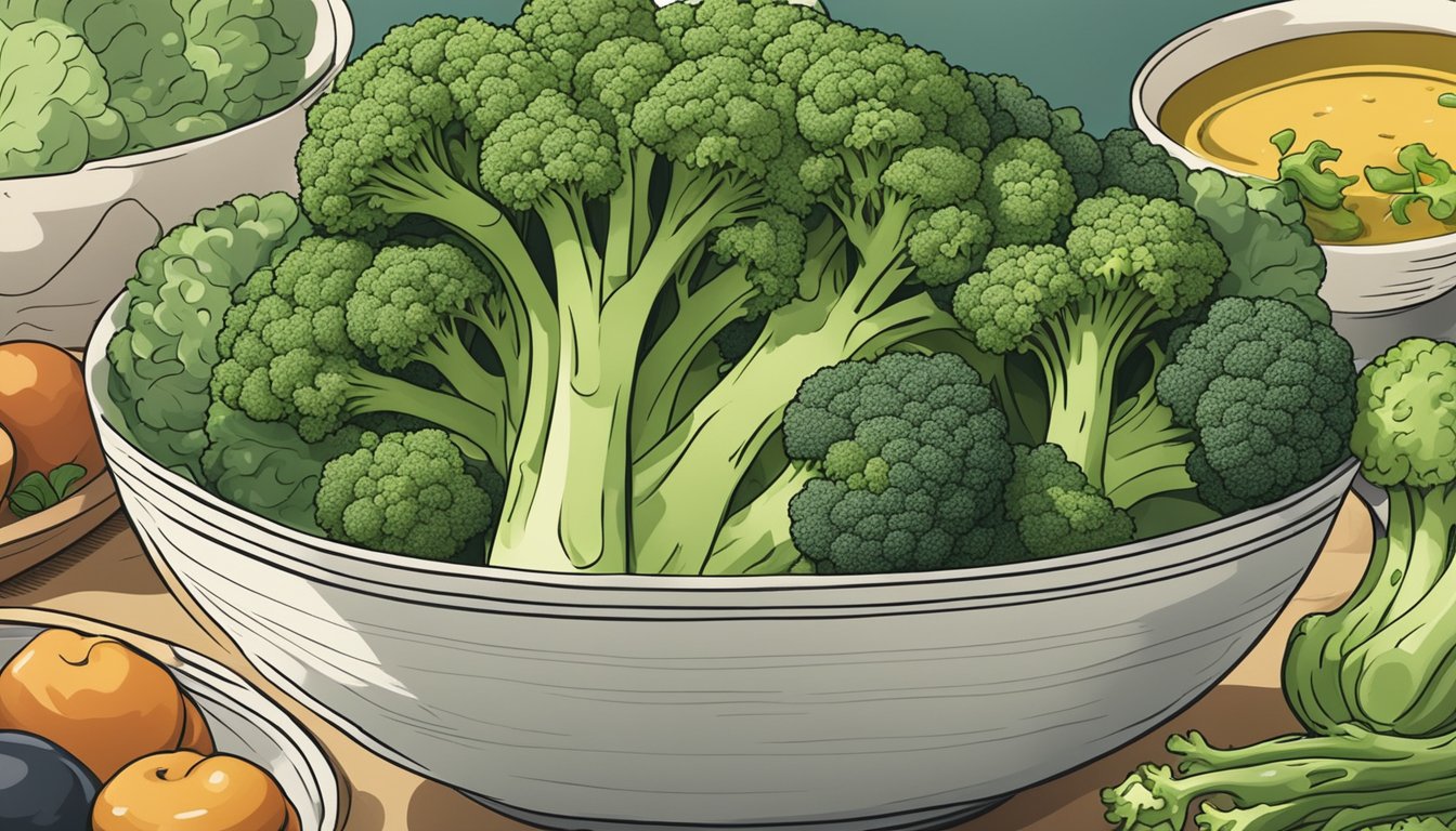 A bowl of steamed broccoli surrounded by other soothing foods for heartburn relief