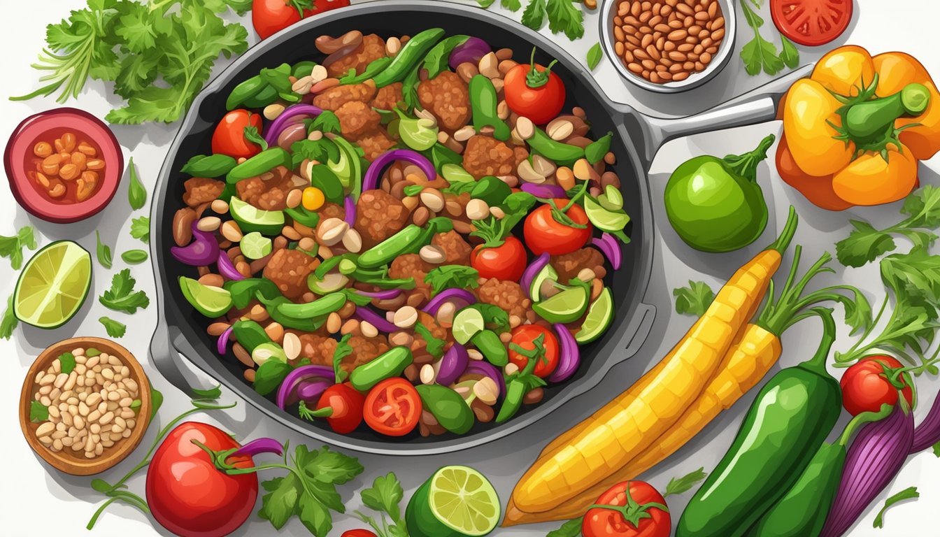 A colorful array of fresh vegetables, beans, and plant-based meat sizzling on a hot skillet, ready to be assembled into delicious vegan tacos