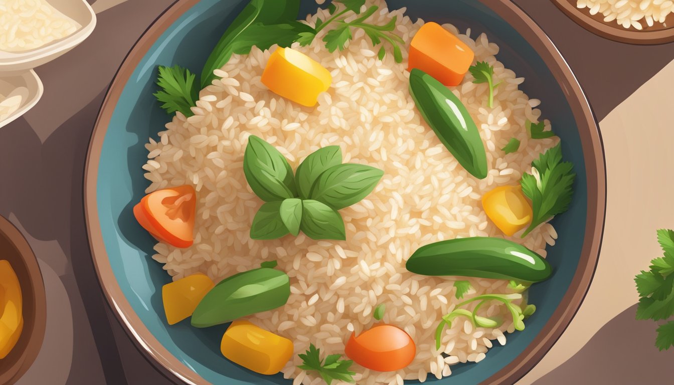 A bowl of cooked brown rice surrounded by colorful vegetables and herbs, with a gentle light shining down on the scene