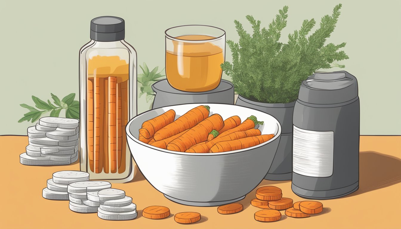 A bowl of sliced carrots surrounded by soothing herbal tea and a bottle of antacid tablets