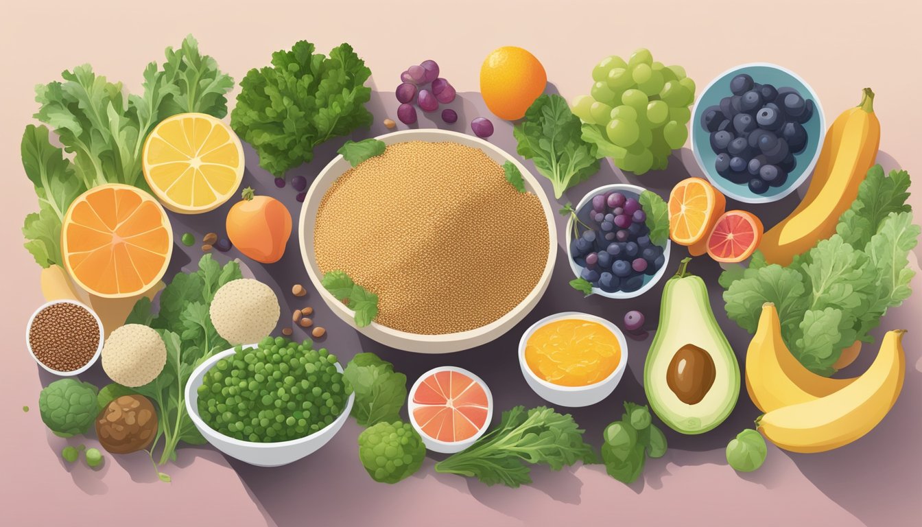 A colorful array of quinoa, leafy greens, lean proteins, and fresh fruits displayed on a table, surrounded by images of a healthy gallbladder and a happy, active individual