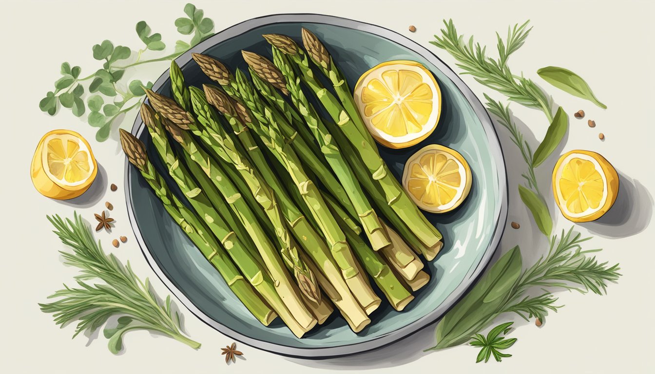 A bowl of roasted asparagus surrounded by fresh herbs and spices