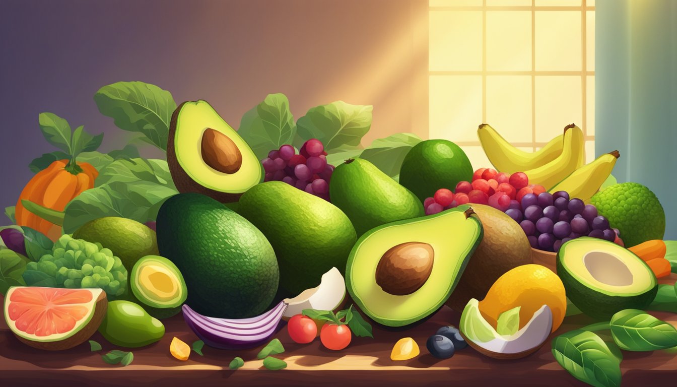 A table with a variety of avocados, surrounded by colorful fruits and vegetables, with a bright spotlight shining on the avocados