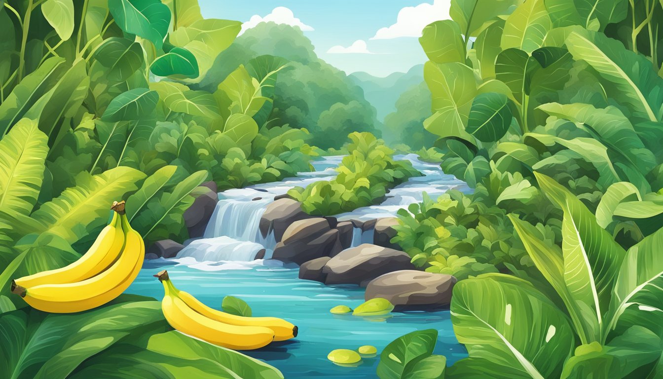 A colorful array of gallbladder-friendly foods, including bananas, surrounded by vibrant green foliage and a clear, flowing stream