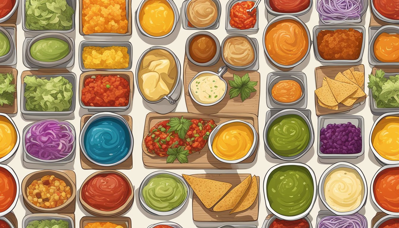 A vibrant array of salsas and creams in various colors and textures, surrounded by an assortment of unique taco fillings