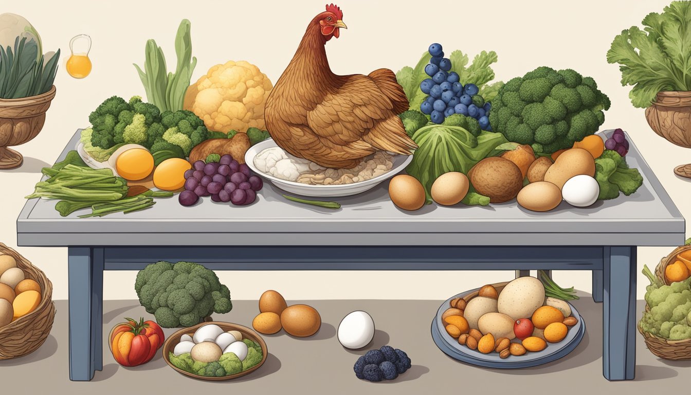 A table with a variety of eggs (chicken, quail, and duck) surrounded by brain-shaped fruits and vegetables like walnuts, blueberries, and broccoli