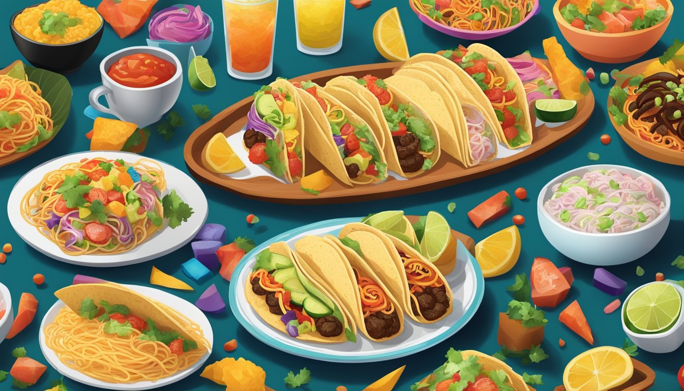 A colorful fiesta table with tacos filled with unexpected ingredients like sushi, ice cream, and spaghetti