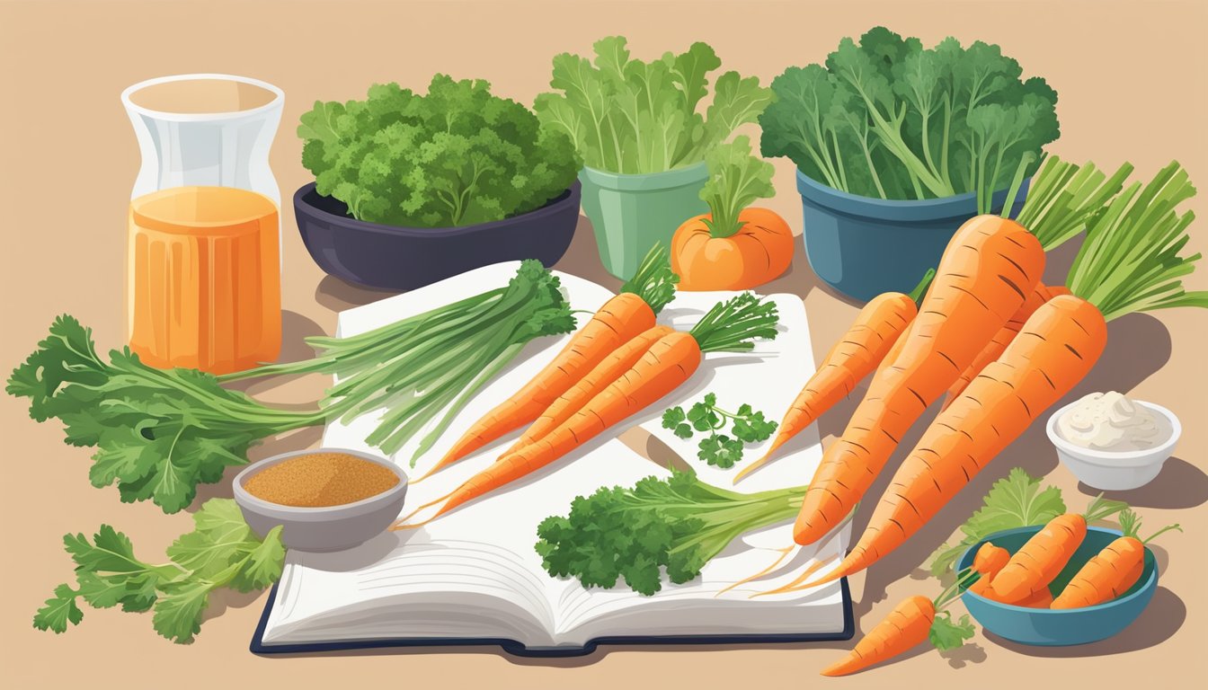 A colorful array of carrots, leafy greens, and other gallbladder-friendly foods arranged on a table with a guidebook open to a page about easing discomfort and promoting health