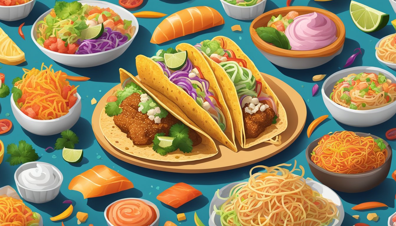 A taco shell overflowing with unexpected fillings like sushi, ice cream, and spaghetti, surrounded by colorful ingredients and toppings