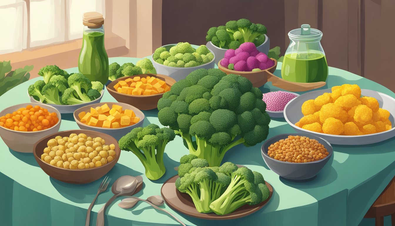 A colorful array of gallbladder-friendly foods, including broccoli, displayed on a vibrant, inviting table