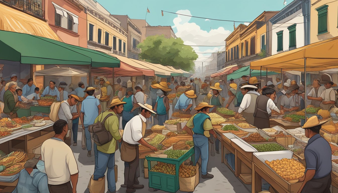 A bustling street market with vendors selling tacos, surrounded by historic murals of Mexican revolutionaries and heroes