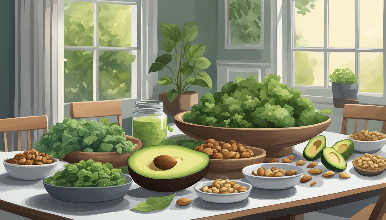 A table filled with leafy greens, avocados, and nuts, surrounded by a calming and serene environment