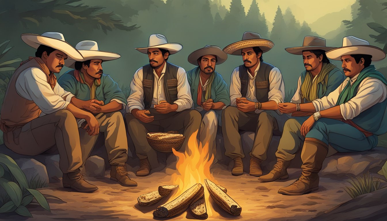 Revolutionary-era Mexican heroes gather around a campfire, sharing traditional tacos as they discuss their plans for the future