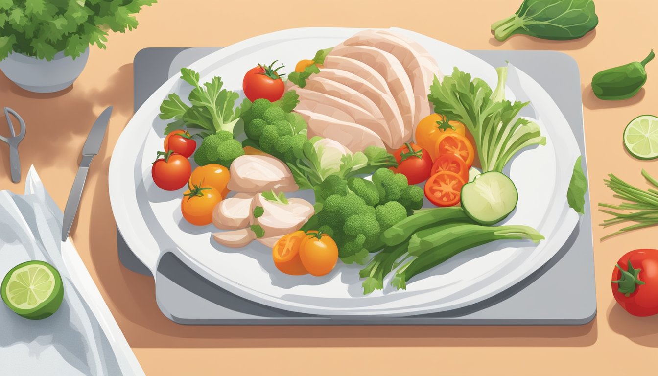 A colorful array of fresh vegetables and lean chicken breast arranged on a clean, white cutting board. A gallbladder-friendly cookbook sits open nearby