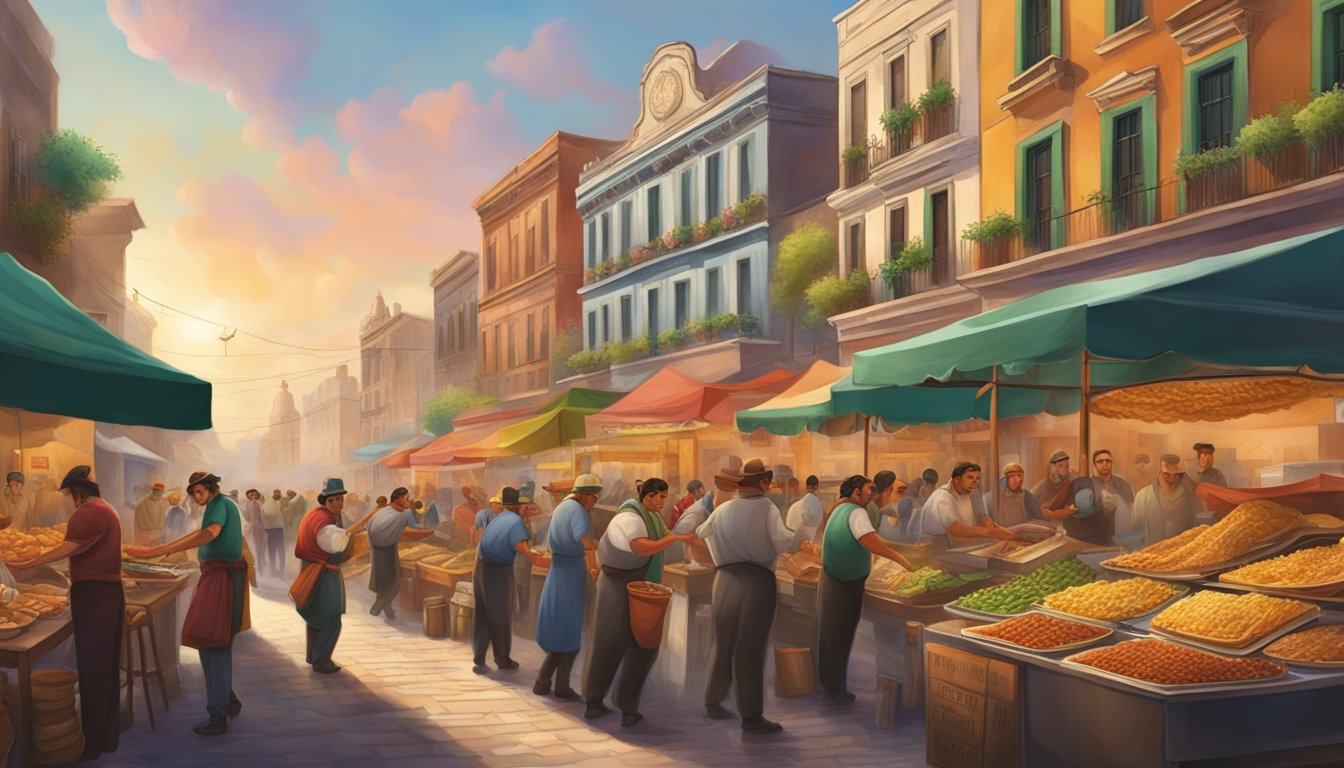 A vibrant street scene with a bustling marketplace, where a chef prepares iconic Mexican tacos amidst the backdrop of historical revolutionaries and heroes