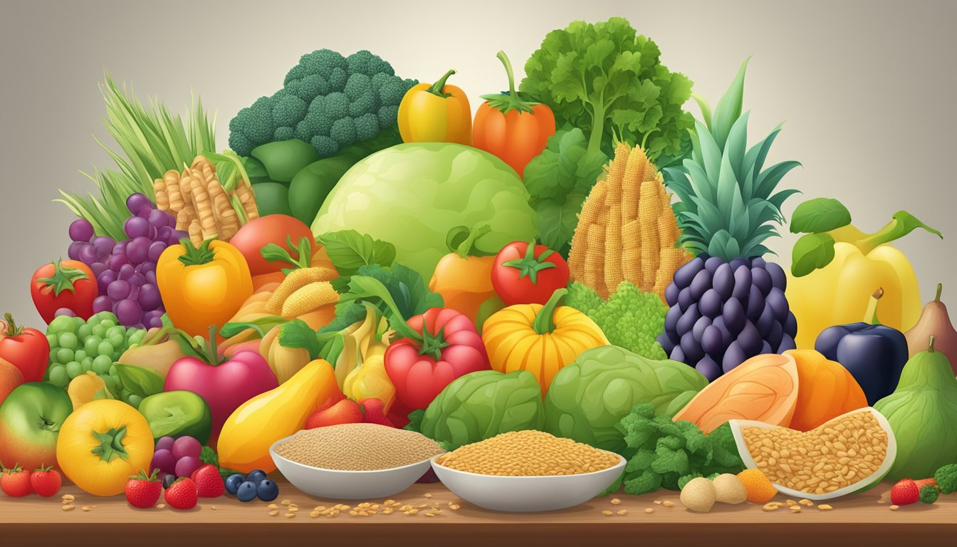 A colorful array of fruits, vegetables, and whole grains arranged on a table, with a gallbladder symbol in the background