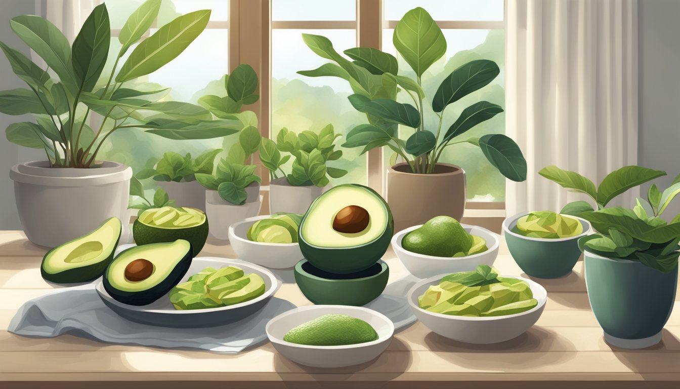 A serene setting with various avocado dishes surrounded by calming elements such as plants and natural light